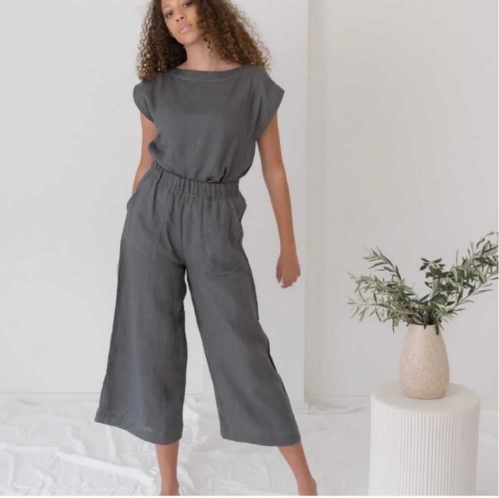 Laude The Label Organic Linen Lined Wide Leg Crop Pants Pull-On Mineral Gray M